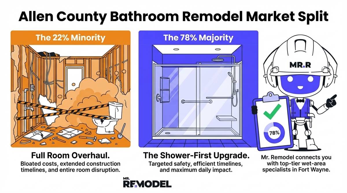 An infographic comparing Fort Wayne bathroom remodeling trends, highlighting that 78% of local homeowners prefer targeted tub-to-shower conversions for faster, safer upgrades compared to full-room overhauls.